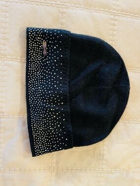 Calvin Klein Black Knit Beanie with Rhinestone Accents